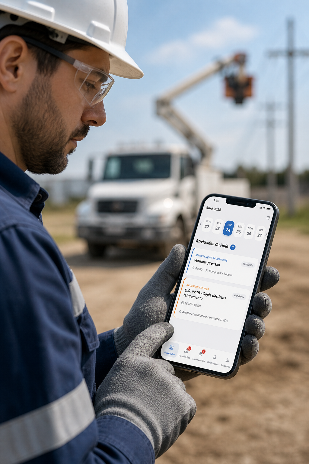 Técnico utilizando o app Escala Eficiente em canteiro de obras com caminhão e cesto aéreo ao fundo